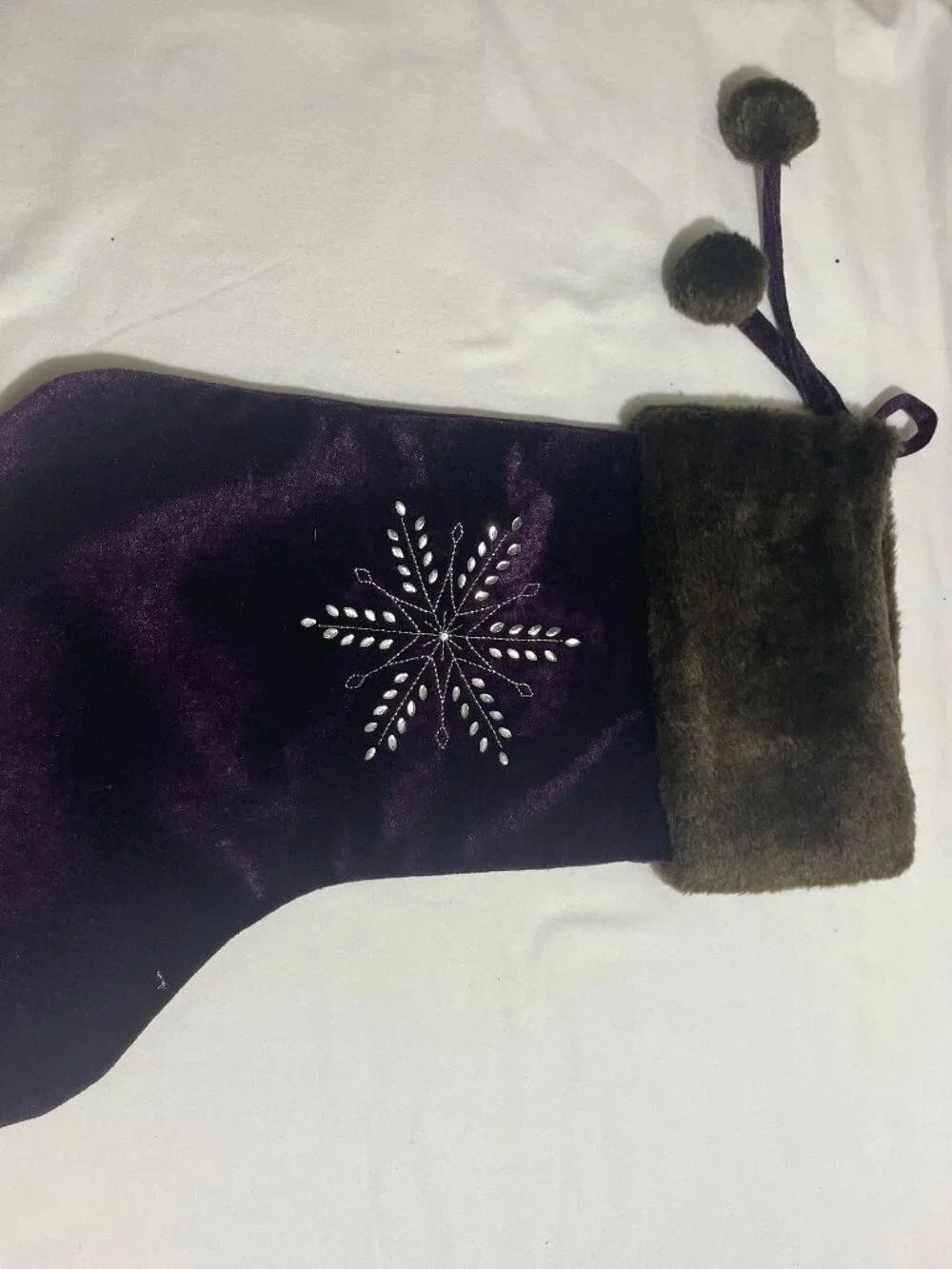 Purple Velvet Christmas Stocking Faux Fur Cuff Rhinestone Snowflake 18